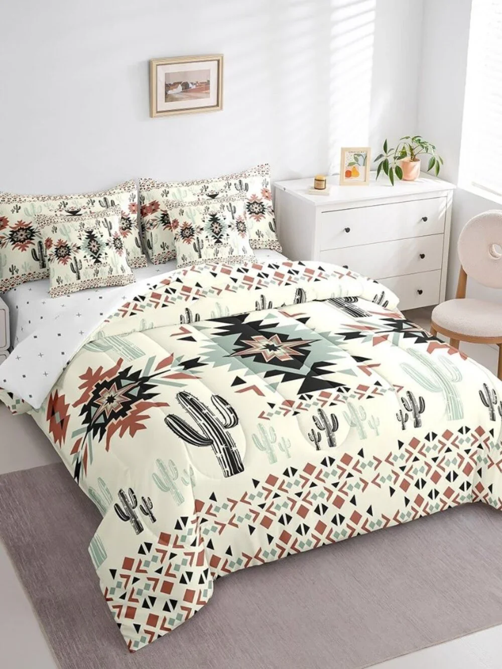 Khaki Southwestern Aztec 7 Pieces Bedding Set Kids Geometric Vintage Comforter S